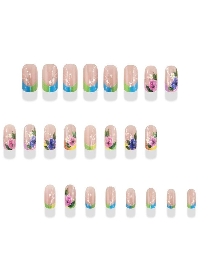HJKDSFD Spring Press on Nails Short Square Fake Nails Colorful French Tip Acrylic Nails Press on Flower False Nails Full Cover Stick on Nails Reusable Artificial Glue on Nails for Women Girls 24Pcs - Image 4